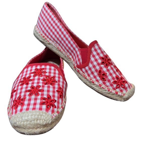 Isaac Mizrahi Eyelet Gingham Farmhouse Picnic Cottagecore Country Espadrilles - Picture 1 of 12